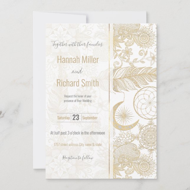 White & Gold Glitter Dreamcatcher Feathers Mandala Invitation (Front)