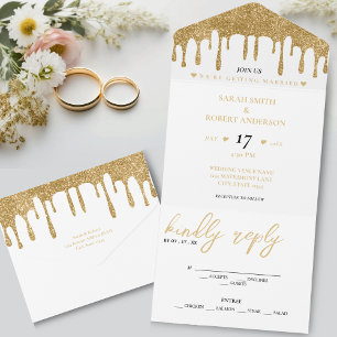 White & Gold Glitter Drip Wedding All In One Invitation