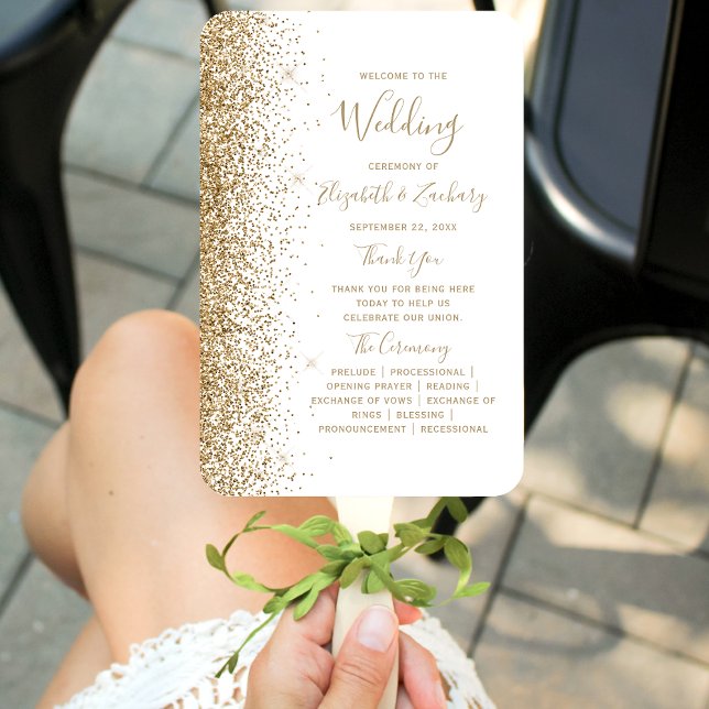 White Gold Glitter Edge Wedding Program Hand Fan (Creator Uploaded)
