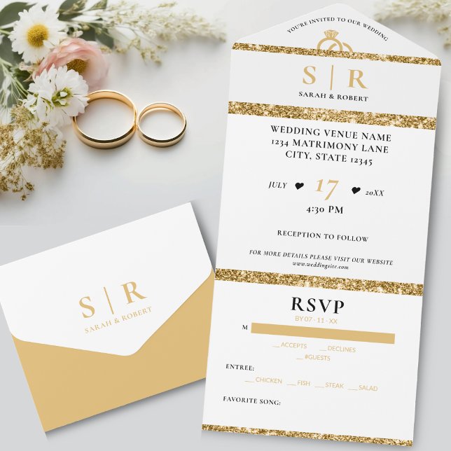 White & Gold Glitter Elegant Wedding All In One Invitation (White & Gold Glitter Elegant Wedding All In One Invitation)