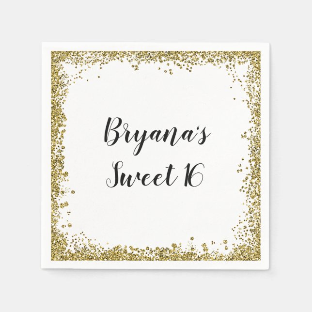 White Gold Glitter Glam Edge Sweet 16 Custom Party Napkin (Front)