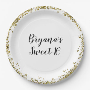 White Gold Glitter Glam Edge Sweet 16 Custom Party Paper Plate
