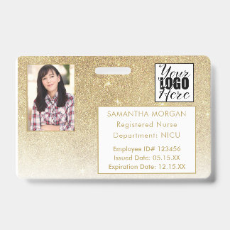 White Gold Glitter Gradient Photo Logo Employee ID Badge