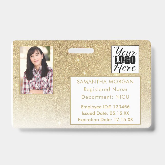 White Gold Glitter Gradient Photo Logo Employee ID Badge (Front)