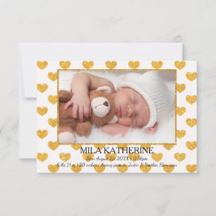 White Gold Glitter Hearts _ 3x5 Birth Announcement