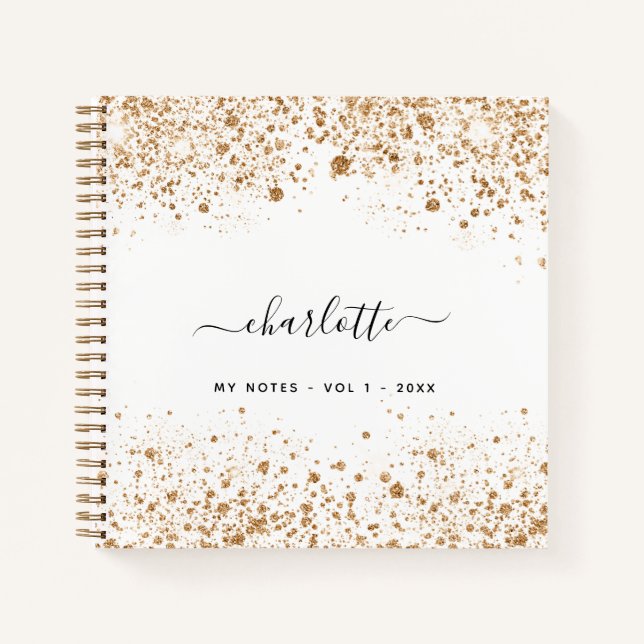 White gold glitter name glamourous notebook (Front)