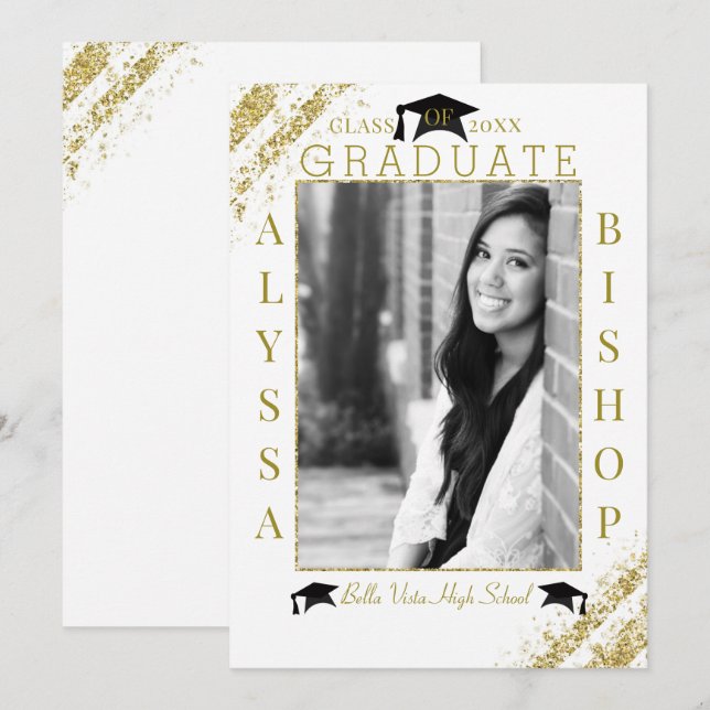 White & Gold Glitter Photo Graduation Graduate Invitation (Front/Back)