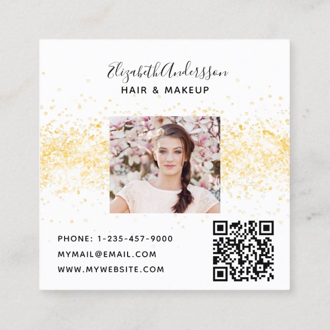 White gold glitter photo qr code square business card (Back)