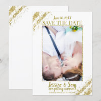 White & Gold Glitter Photo Save the Date Wedding