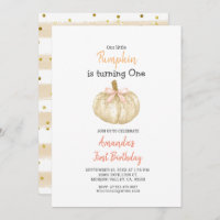 WHITE Gold Glitter Pumpkin 1st Birthday Invitation