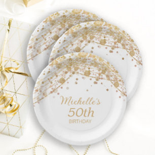 White Gold Glitter String Lights Birthday Party Paper Plate