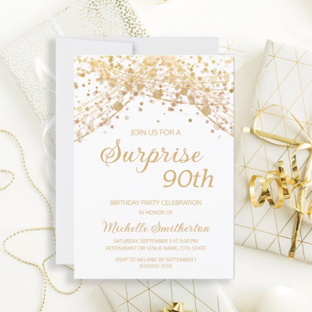 White Gold Glitter Surprise 90th Birthday  Invitation (Creator Uploaded)