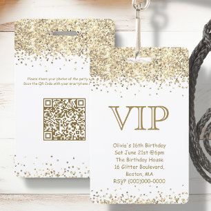 White & Gold Glitter   VIP Birthday Invitation ID Badge