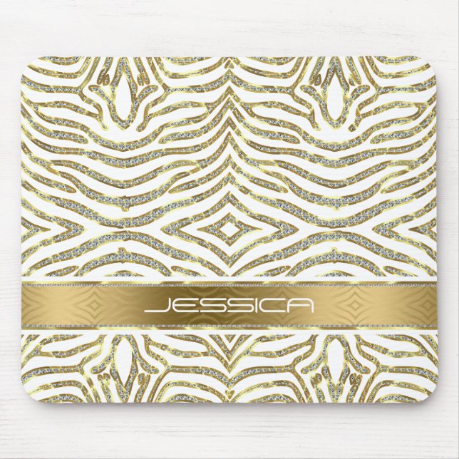 White & Gold Glitter With White Zebra Stripes Mouse Pad (Front)