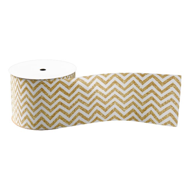 White Gold Glitter Zigzag Stripes Chevron Pattern Grosgrain Ribbon (Spool)