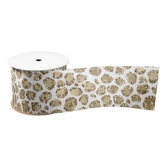 White Gold Glitz Sparkle Leopard Print     Satin Ribbon (Spool)