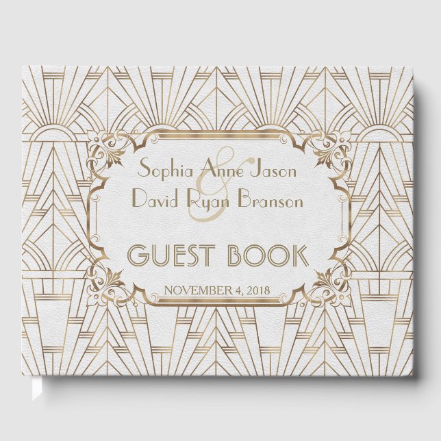 White Gold Great Gatsby Art Deco 1920s Wedding Guest Book (Front)