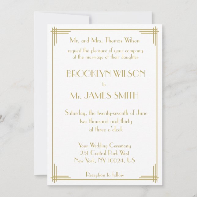 White Gold Great Gatsby Art Deco Wedding Invites (Front)
