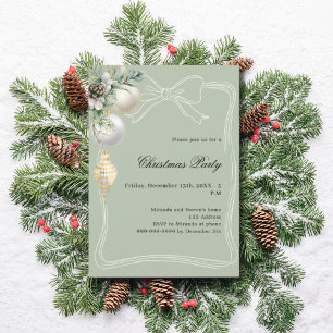 White gold green baubles bow Christmas Party Invitation