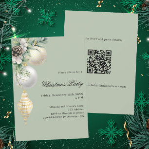 White gold green baubles QR code Christmas Party Invitation