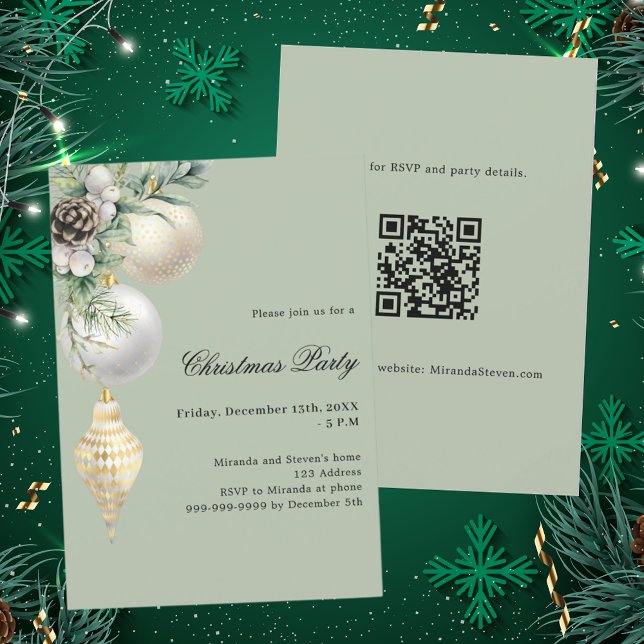White gold green baubles QR code Christmas Party Invitation (Creator Uploaded)