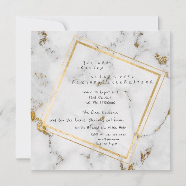 White Gold Grey Marble Geometric Square Party Invitation (Front)