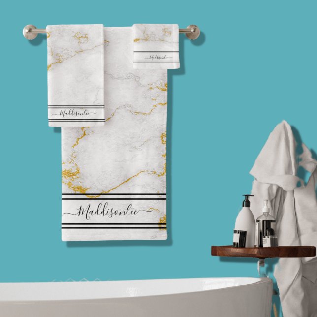 White Gold Grey Monogram Name Marble Custom Bath T Towel Set (Creator Uploaded)