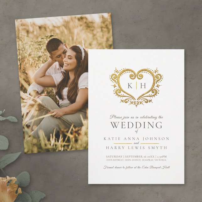 White gold heart brown wedding photo invitation (Creator Uploaded)