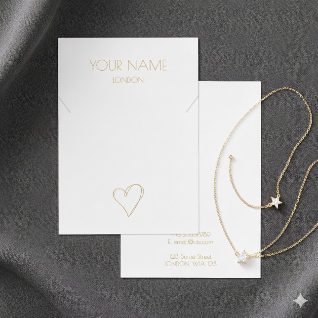 White gold heart necklace bracelet display card (White gold heart necklace bracelet display card with contact details.)