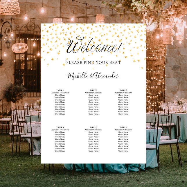 White gold hearts modern wedding 6 seating chart (Creator Uploaded)