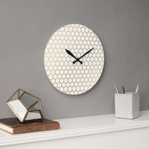 White & Gold Hexagon Geometric Pattern Large Clock