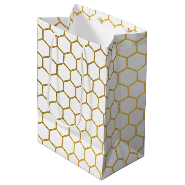 White & Gold Hexagon Geometric Pattern Medium Gift Bag (Front Angled)