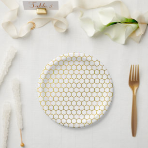 White & Gold Hexagon Geometric Pattern Paper Plate
