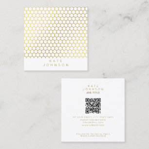 White & Gold Hexagon Geometric QR Code Square Business Card