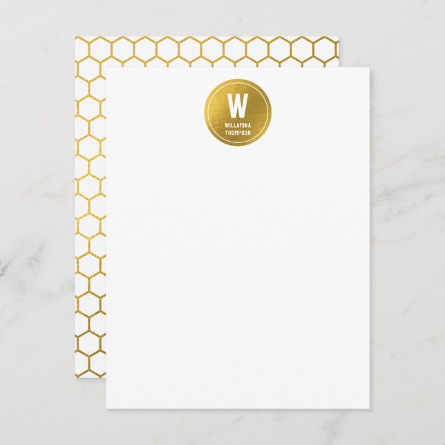 White & Gold Hexagon Pattern Monogram Initial Card (Front/Back)