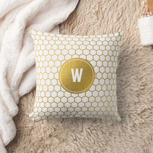 White & Gold Hexagon Pattern Monogrammed Initial Cushion (Blanket)