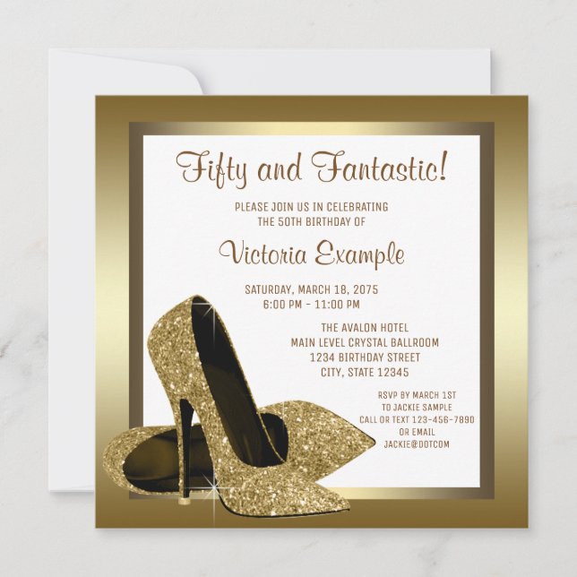 White Gold High Heel Womans 50th Birthday Party Invitation (Front)