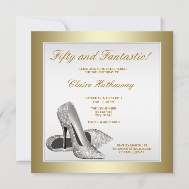 White Gold High Heels Womans 50th Birthday Invitation (Front)