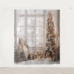 White & Gold Holiday Photo Scene Backdrop Tapestry