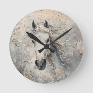 White Gold Horse Lover Round Clock