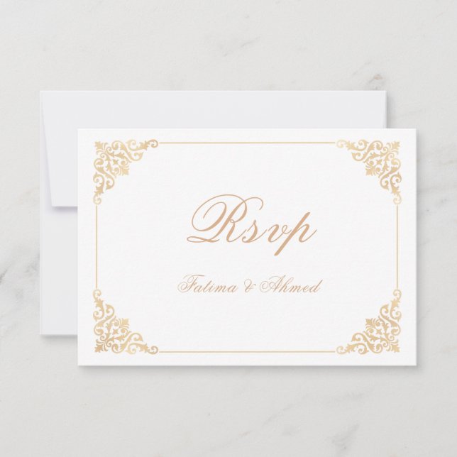 White Gold Islamic Muslim Wedding RSVP Card (Front)
