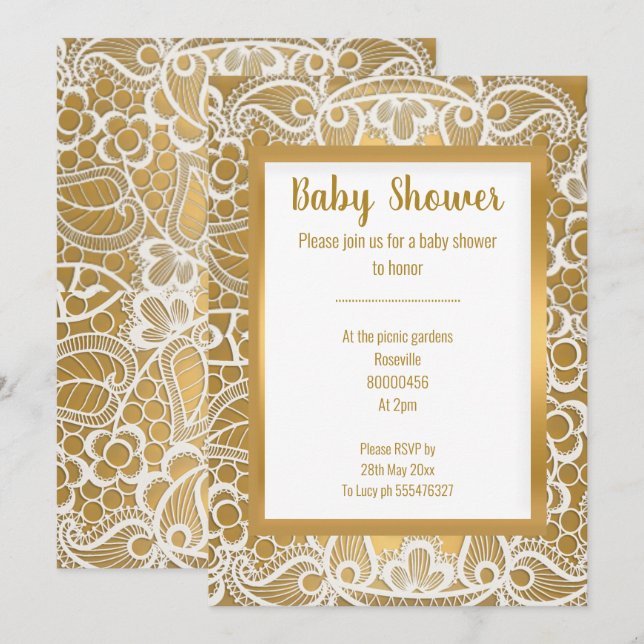 WHITE GOLD  LACE GOLD TRIM ELEGANT BABY SHOWER INVITATION (Front/Back)