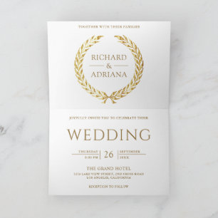 White Gold Laurel Minimal QR Code Wedding Invitation