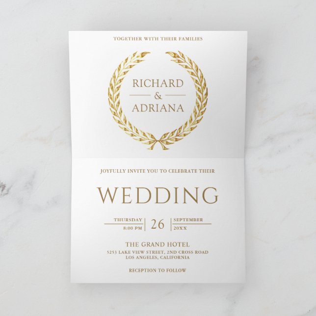 White Gold Laurel Minimal QR Code Wedding Invitation (Inside)