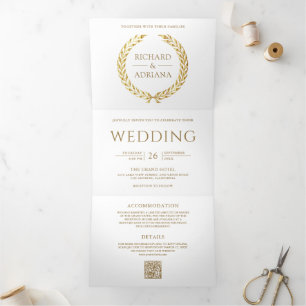 White Gold Laurel Minimal QR Code Wedding Tri-Fold Invitation