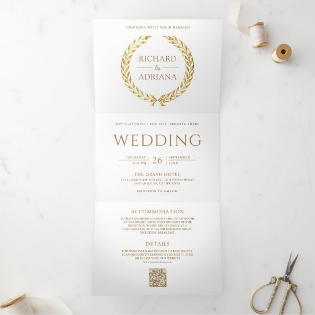 White Gold Laurel Minimal QR Code Wedding Tri-Fold Invitation (Inside)