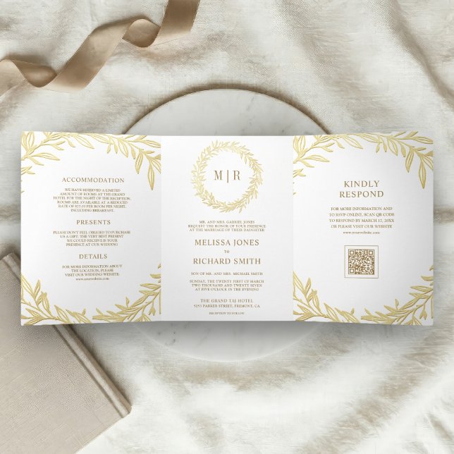 White Gold Leaf Branch QR Code Wedding Tri-Fold Invitation (Creator Uploaded)