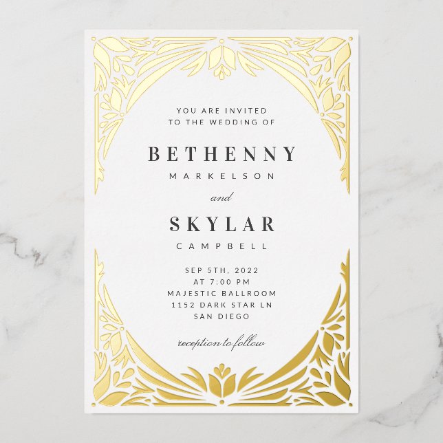 White Gold Leaf Gilded Age Foil Invitation (Front)