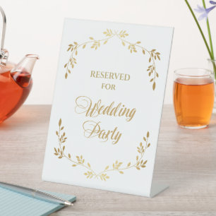 White Gold Leaf Wreath Wedding Party Reserved Pedestal Sign