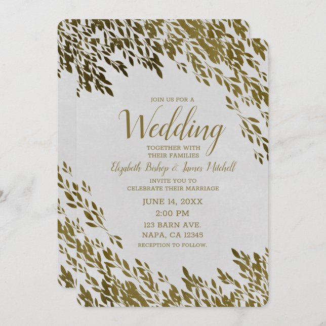 White & Gold Leaves Chic Rustic Modern Wedding Invitation (Front/Back)